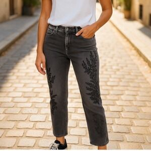 Free People We the Free | Black Floral Embroidered Cropped Jeans Raw Hem Size 25
